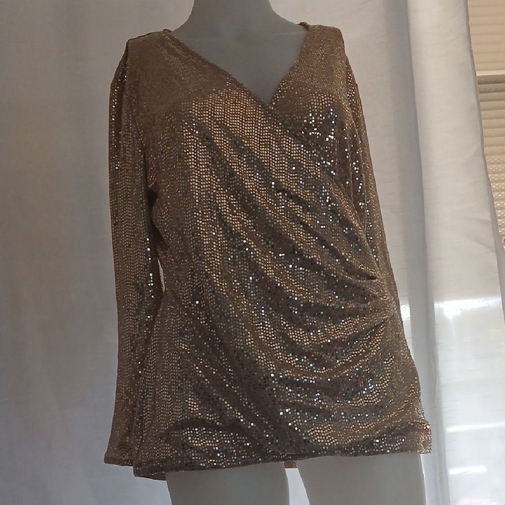 Cream and Brown Ruched Sequin Long Sleeve Blouse